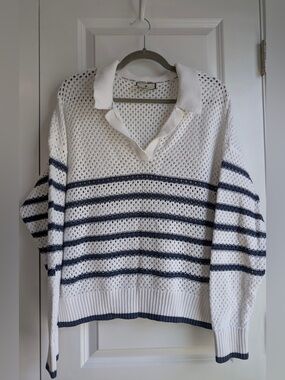 Tuckernuck Sport Women’s Blue White Striped Open Knit V Neck Polo Sweater XXL